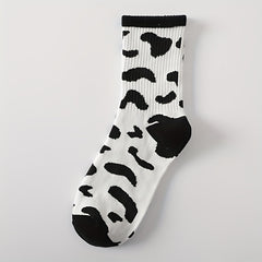 Letter & Cow Spot Print Mid Tube Socks Women's Stockings