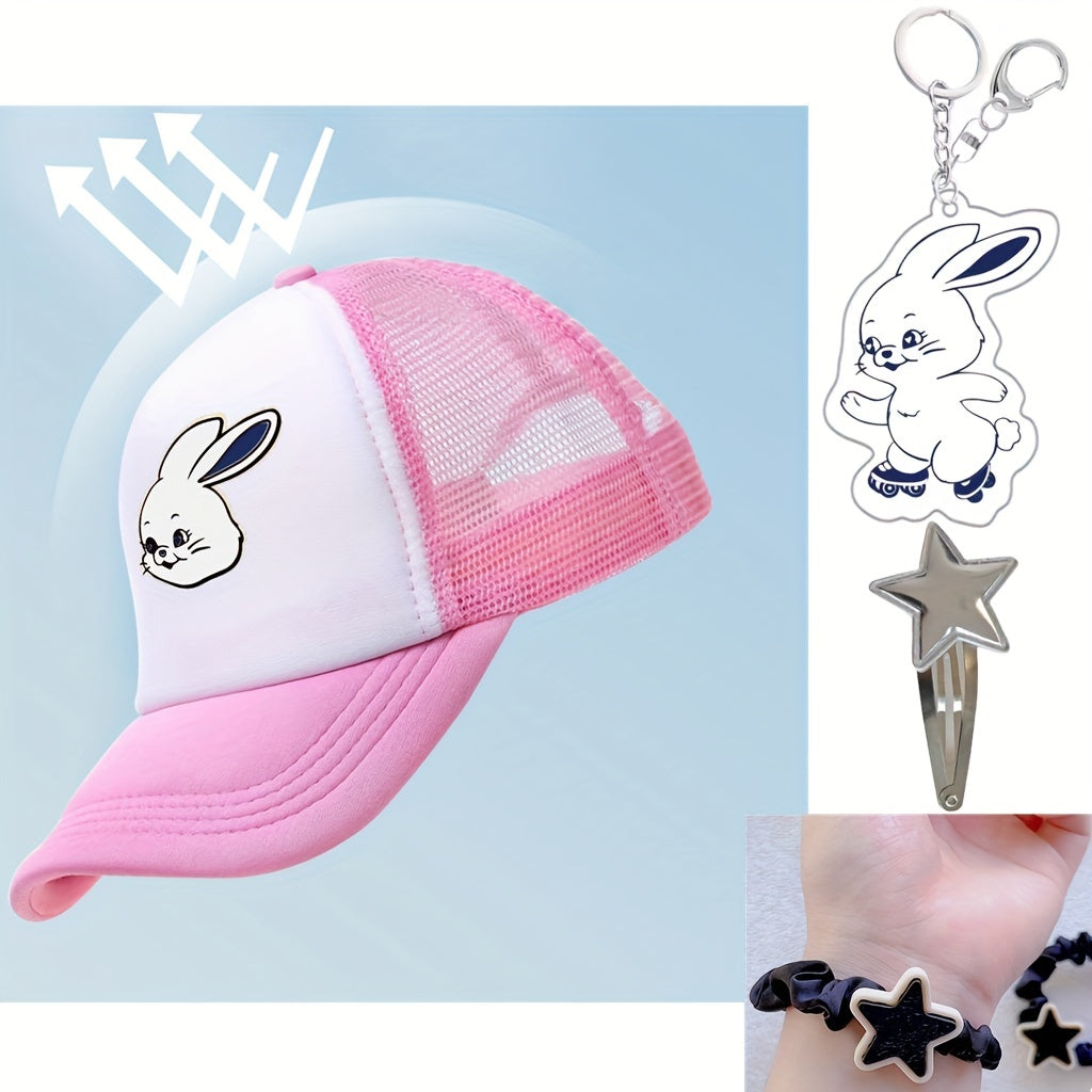4pcs Rabbit Print Trucker Hat, Kpop Keychain, Pentagram Clip, Hair Tie