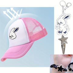 4pcs Rabbit Print Trucker Hat, Kpop Keychain, Pentagram Clip, Hair Tie