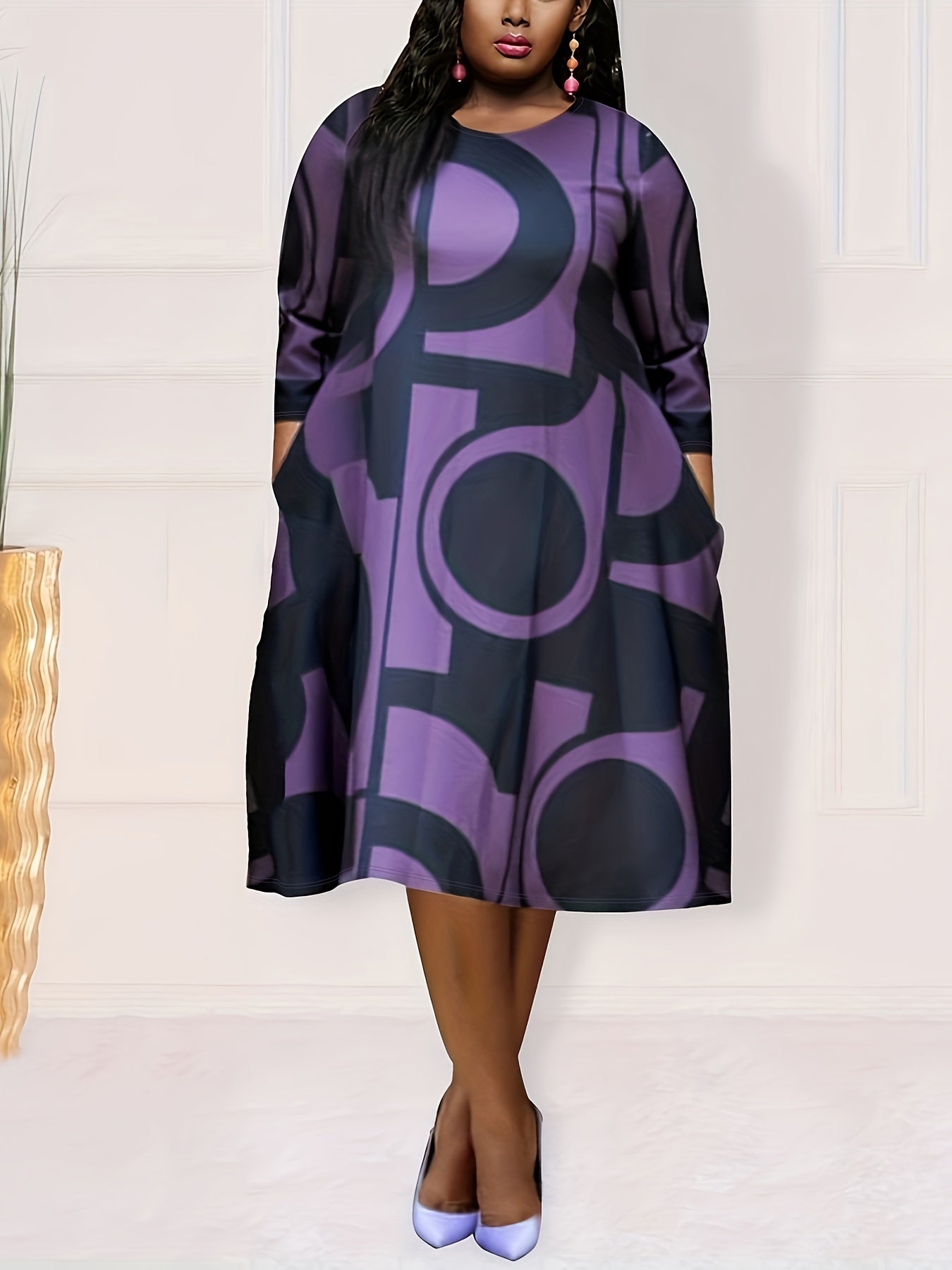  Geometric Print Half Sleeve Loose Fit Dress