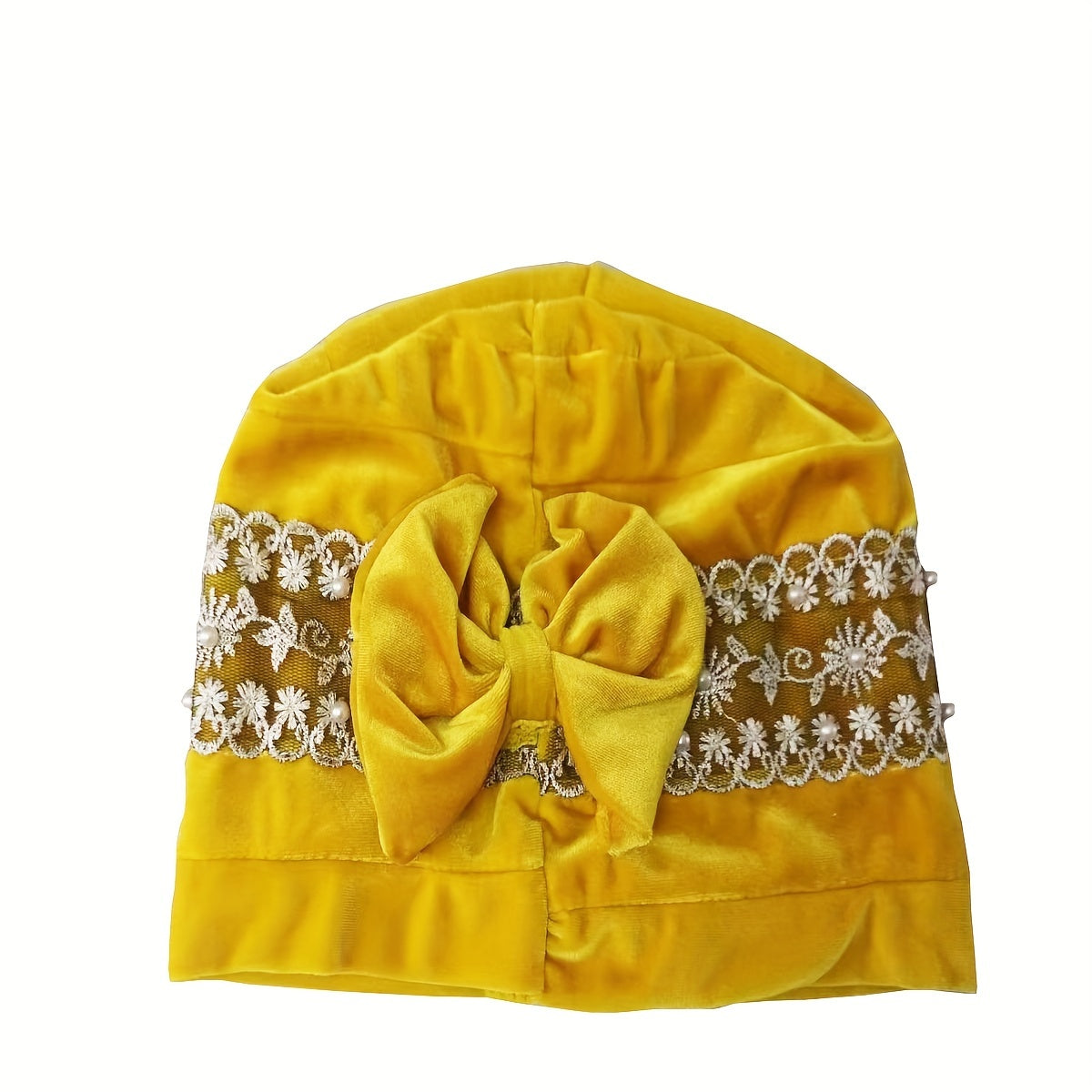 Velvet Lace Turban Cap Faux Pearl Head Wrap