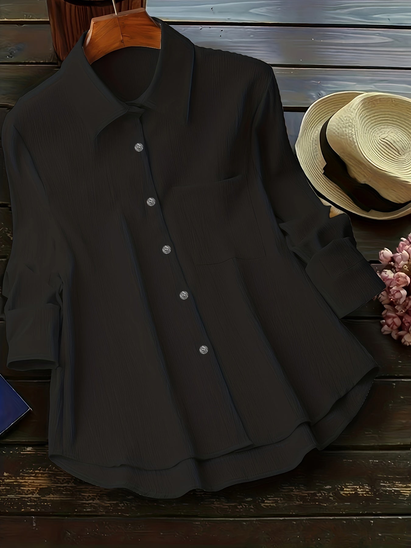  Casual Blouse Women's Solid Crinkle Button Up Long Sleeve Blouse