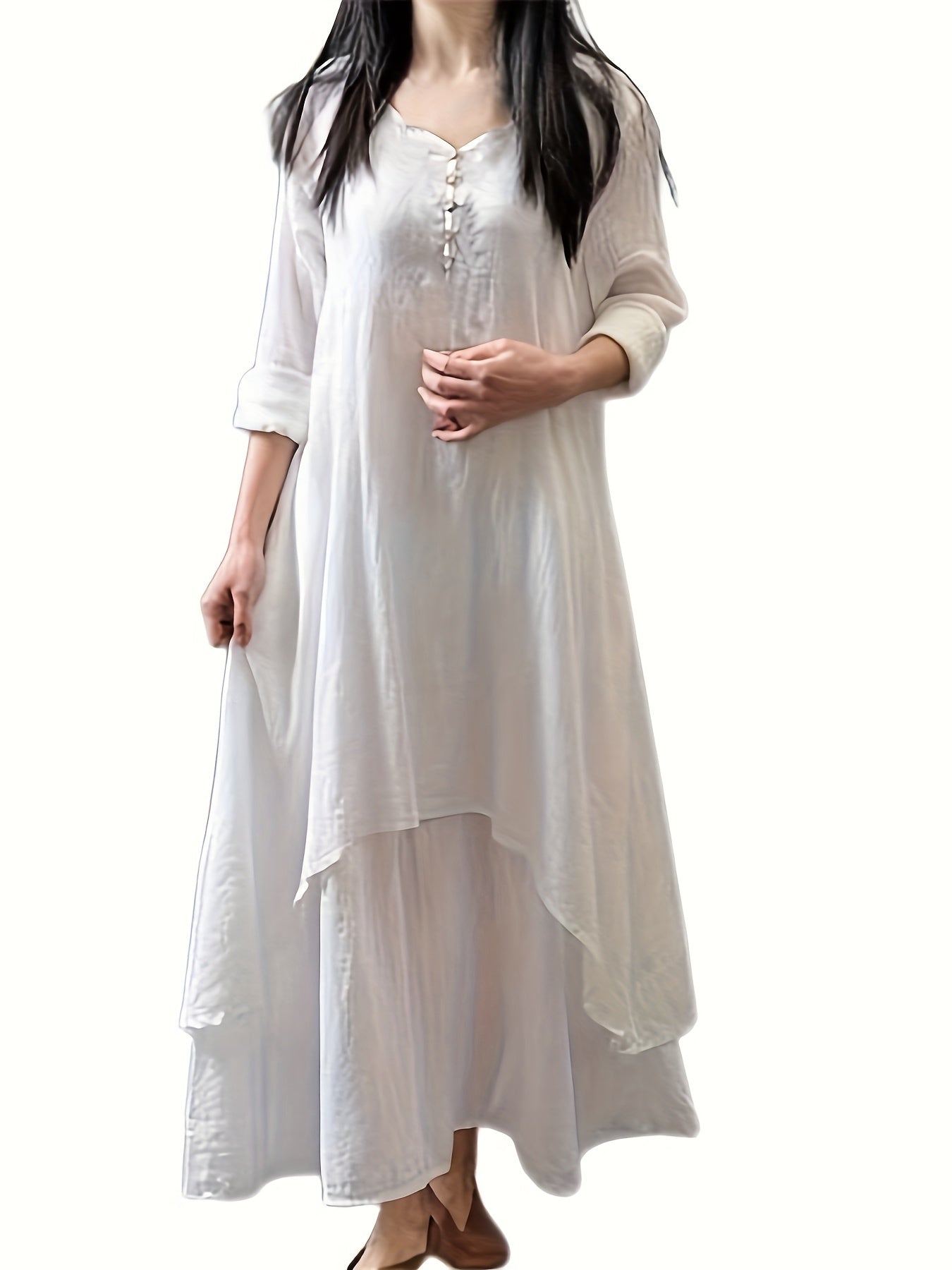  Solid Button Decor V Neck Maxi Dress