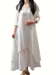  Solid Button Decor V Neck Maxi Dress