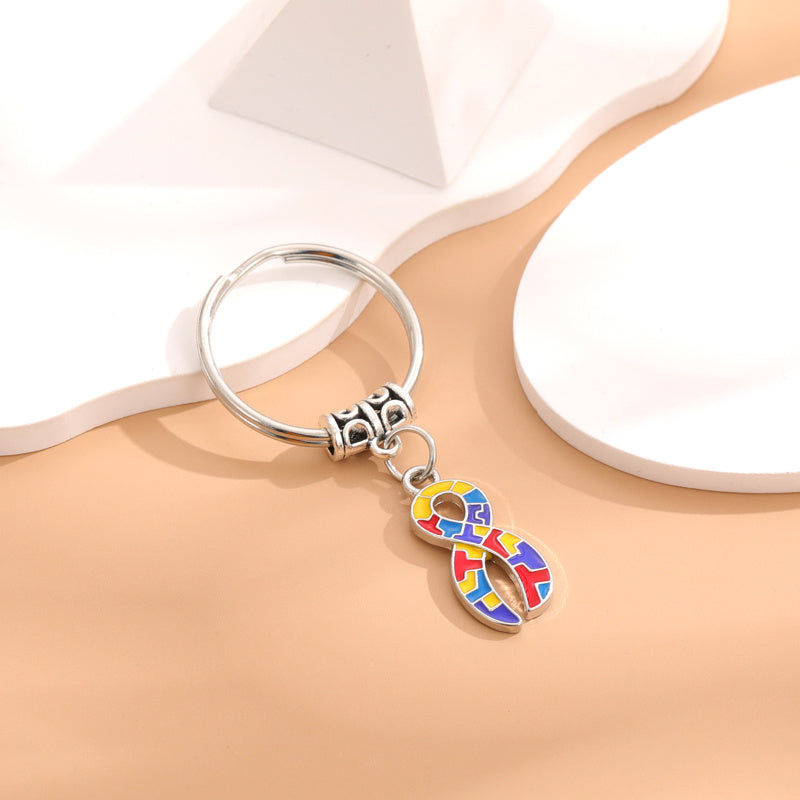 Metal Keychain Diy Four Peach Hearts Squares Ribbon Puzzle Car Keychain
