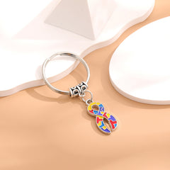 Metal Keychain Diy Four Peach Hearts Squares Ribbon Puzzle Car Keychain
