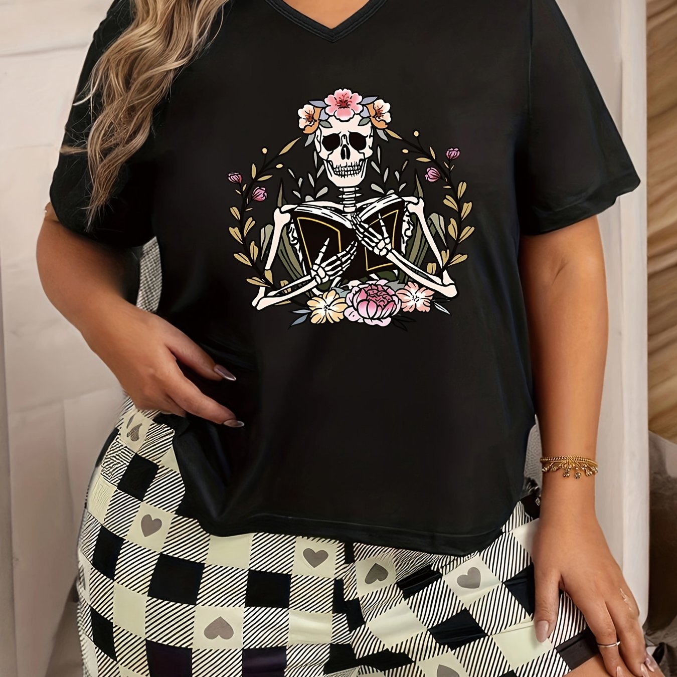  Floral Skull Print Lounge Top