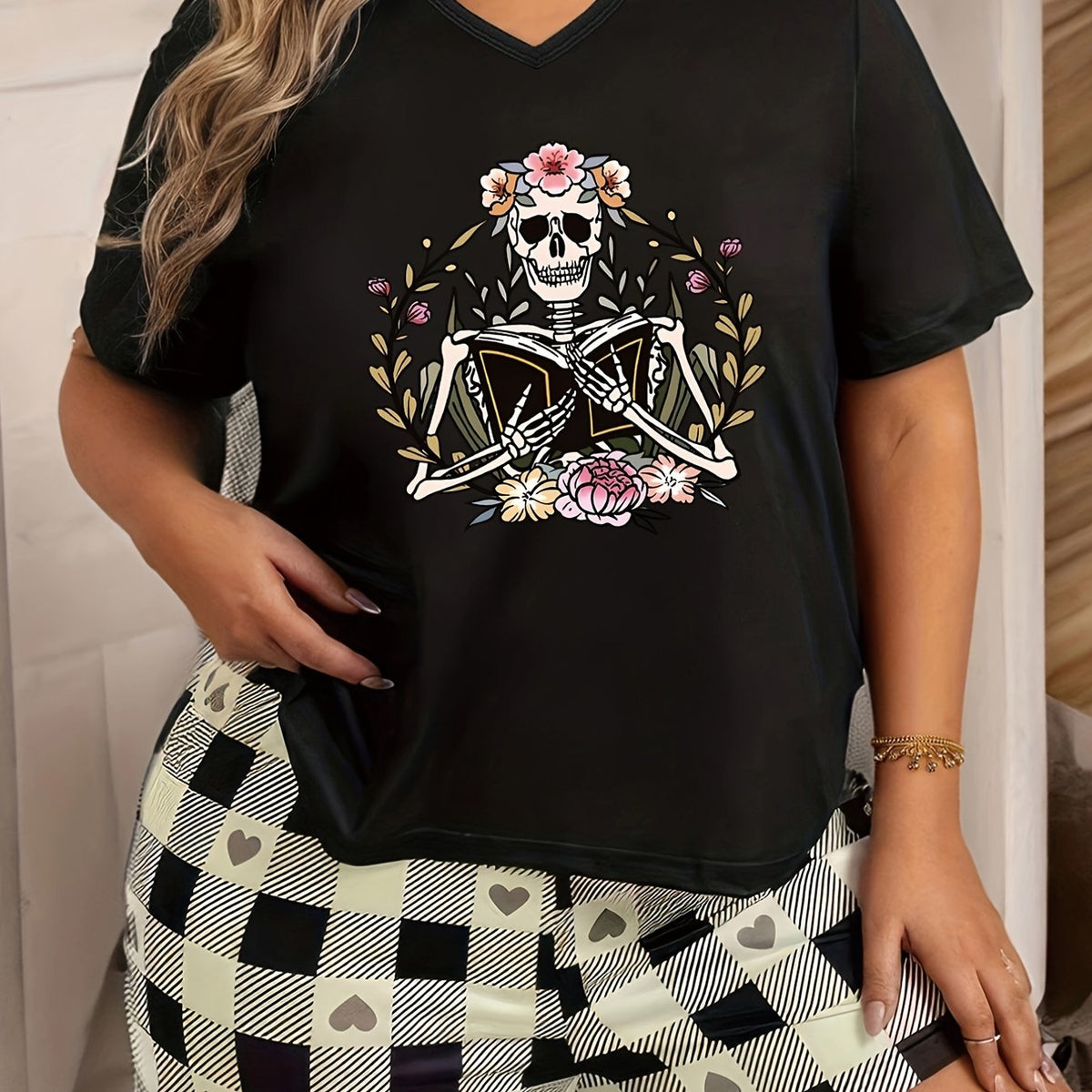  Floral Skull Print Lounge Top