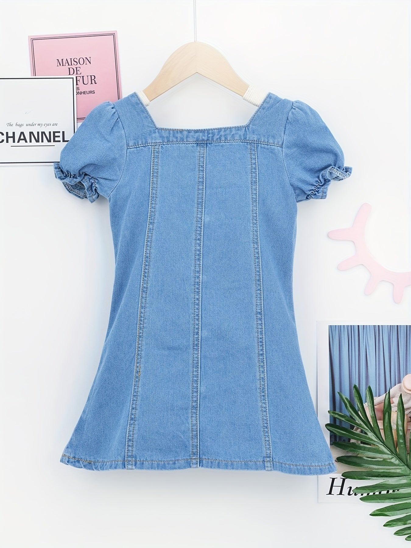Girls Casual Denim Tunic Dress Square Neck Short Sleeve