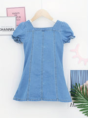 Girls Casual Denim Tunic Dress Square Neck Short Sleeve