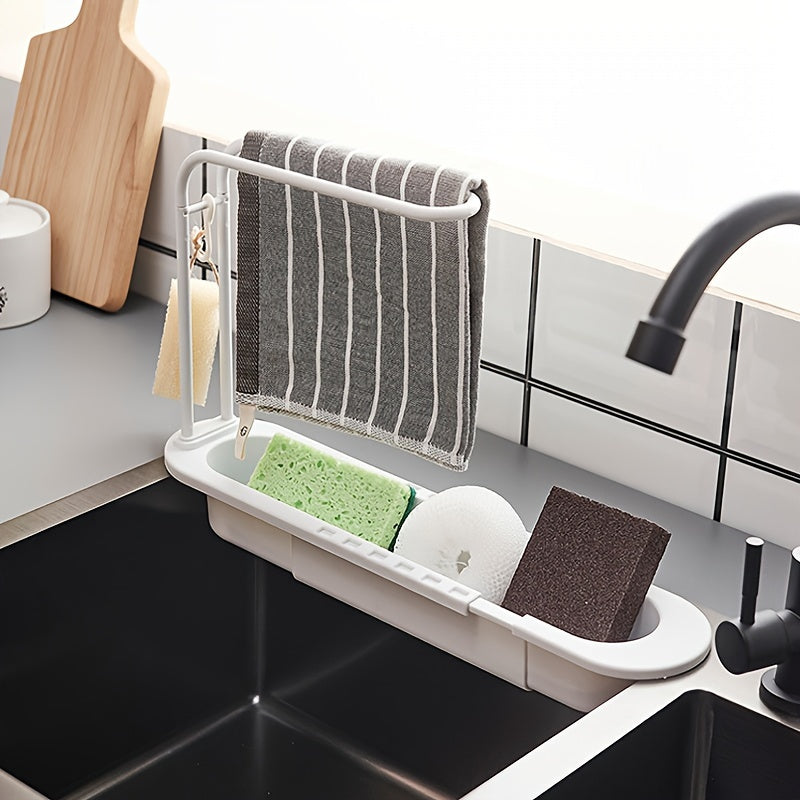 Kitchen Sink with Towel Rod and Telescopic Storage Rack