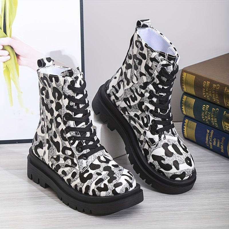 Leopard Print Combat Boots Lace Up Platform Ankle Boots