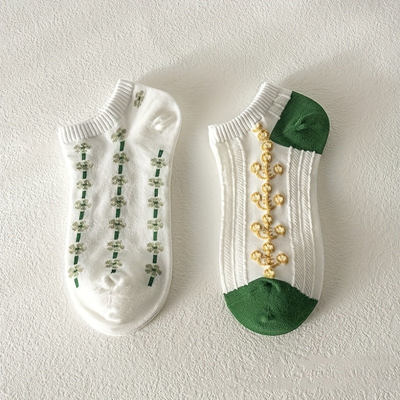5 Pairs College Style Floral Print Ankle Socks Women's Stockings