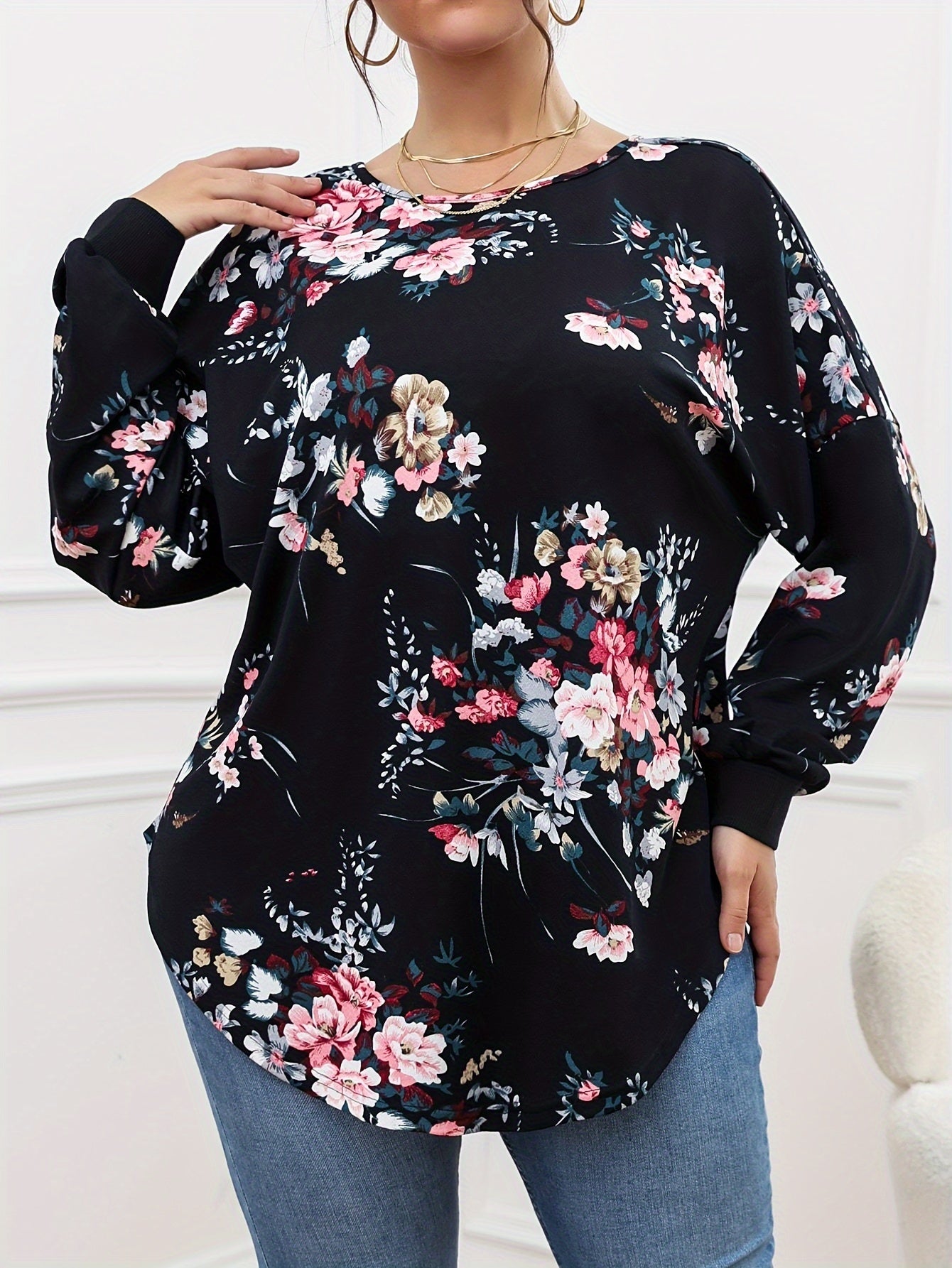 Women's Plus Size Floral Print Long Sleeve V Neck Tunic Top