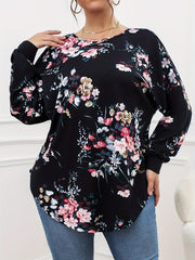 Women's Plus Size Floral Print Long Sleeve V Neck Tunic Top