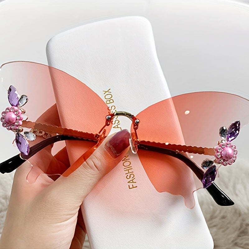 Butterfly Sunglasses Faux Pearl Decor Rimless Glasses UV400