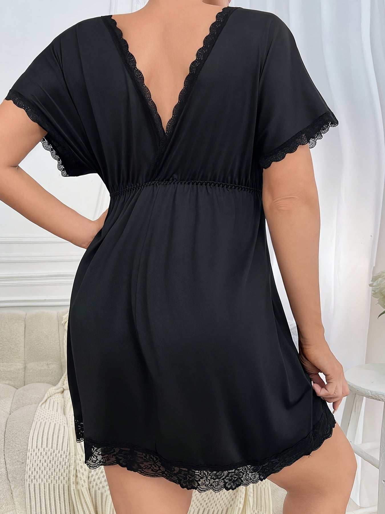  Sexy Nightdress Lace Trim V Neck Cap Sleeve Sleep Dress
