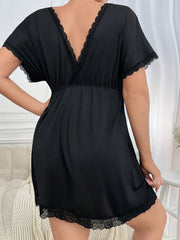 Sexy Nightdress Lace Trim V Neck Cap Sleeve Sleep Dress