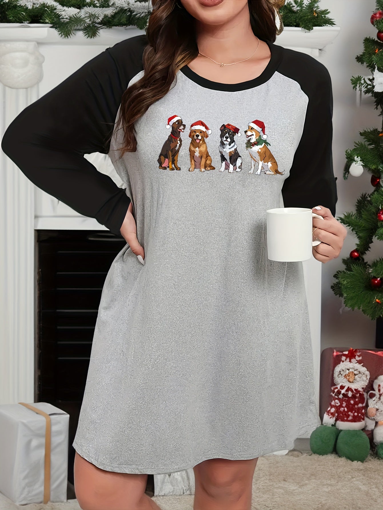  Christmas Lounge Dress Women's Plus Christmas Puppies Raglan Nightdres