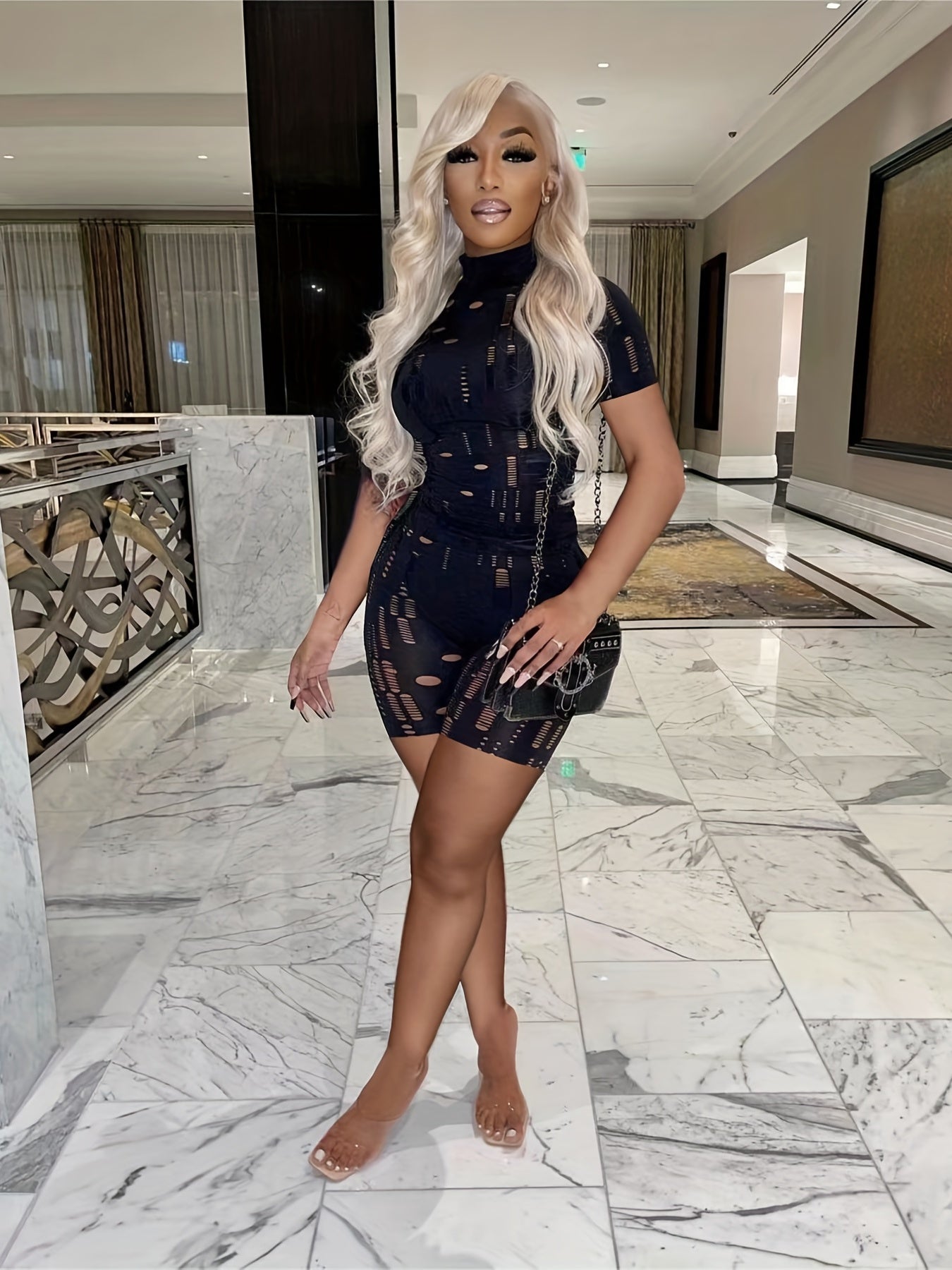 Sexy 2pc Set Mock Neck Tee & Slim Shorts Outfit