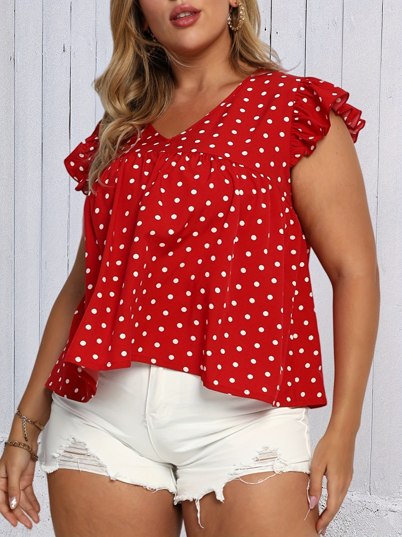  Polka Dot Print Ruffle Trim V Neck Tank Top