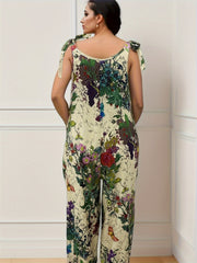  Floral Print Round Neck Tie Shoulder Cami Jumpsuit