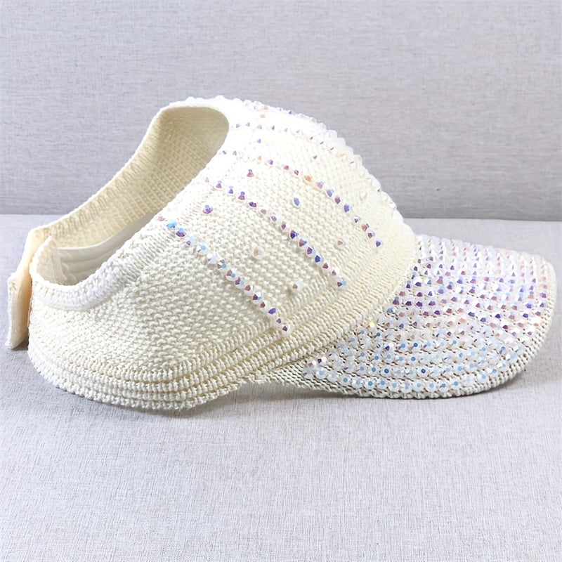 Rhinestone Visor Hat UV Protection Wide Brim Beach Cap