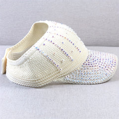 Rhinestone Visor Hat UV Protection Wide Brim Beach Cap