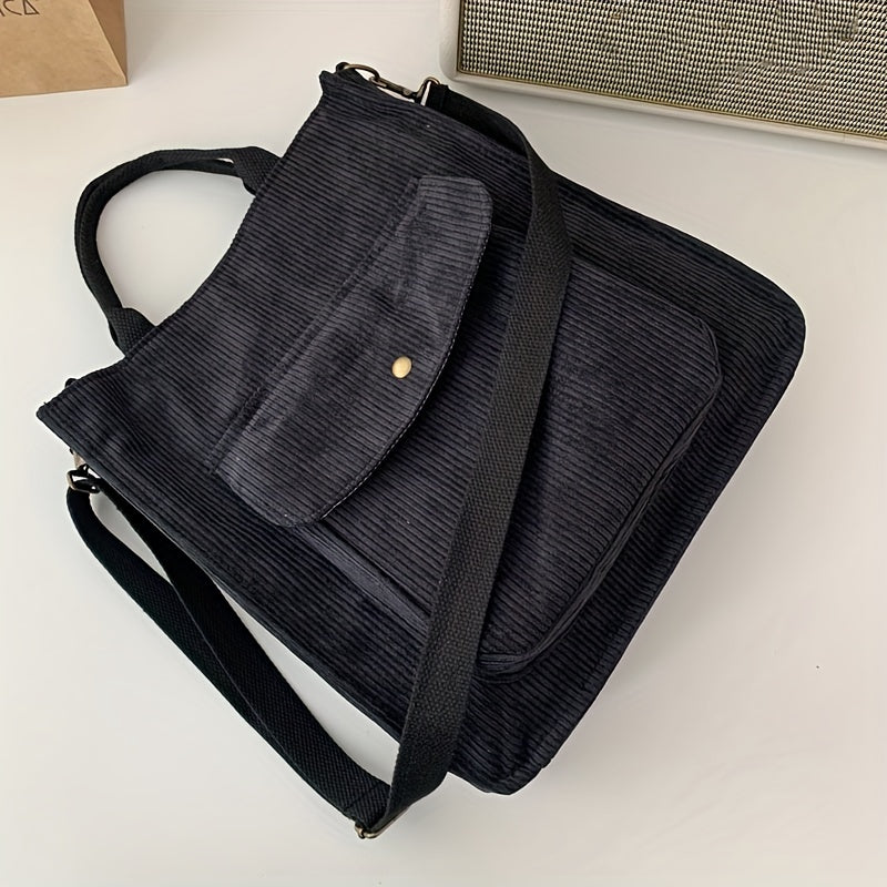 Corduroy Totes Bag For Women Solid Crossbody Bag Pocket Front Handbag For Travel