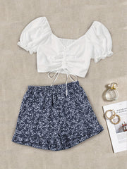 Casual Two Piece Set Drawstring Puff Sleeve Tops & Floral Print Elastic Shorts