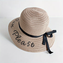 Sun Embroidery Straw Hat Ribbon Bowknot Drawstring Adjustable