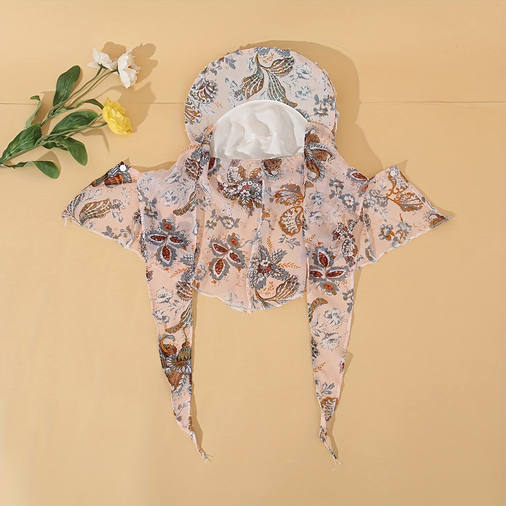 Wide Brim Floral Print Hat with Chiffon Scarf UV Protection Working Cap
