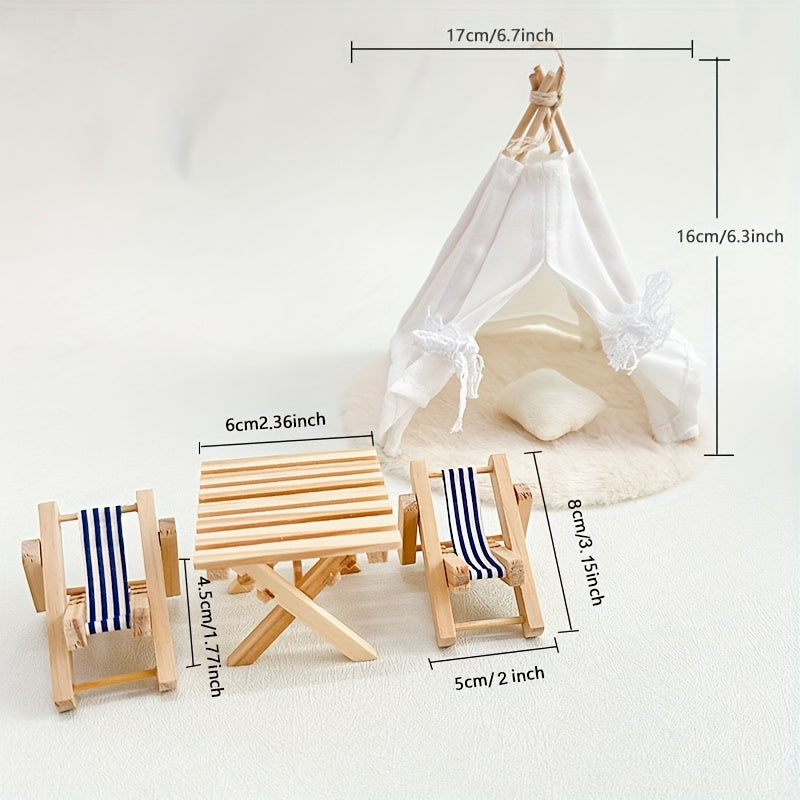 Deco Tent Wooden Table Chair Set BJD OB11 Maileg Dollhouse Play Accessories