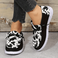 Cow Print Flat Loafers Slip On Canvas Shoes Round Toe Low Top