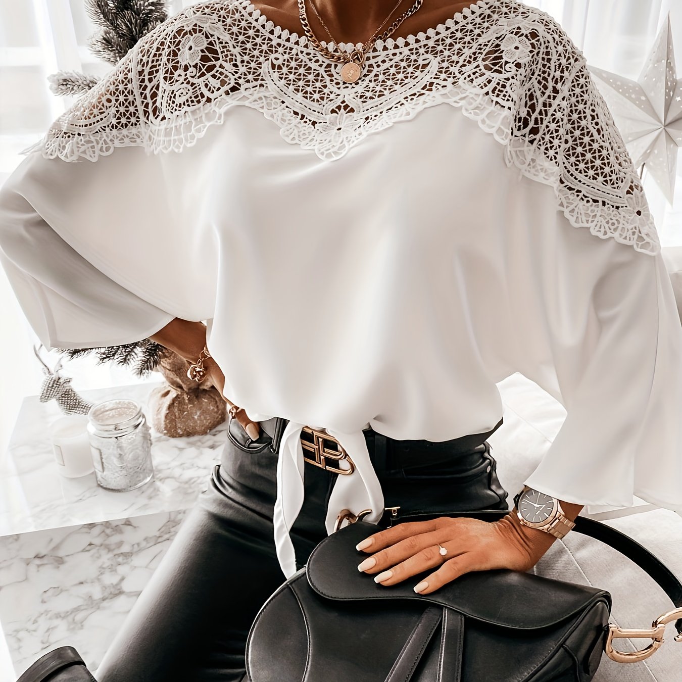  Lace Bat Sleeve Blouse