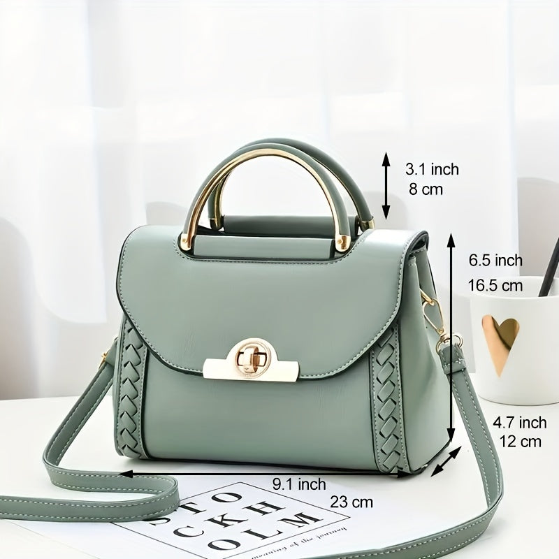 Top Handle Shoulder Bag Turn Lock PU Leather Handbag