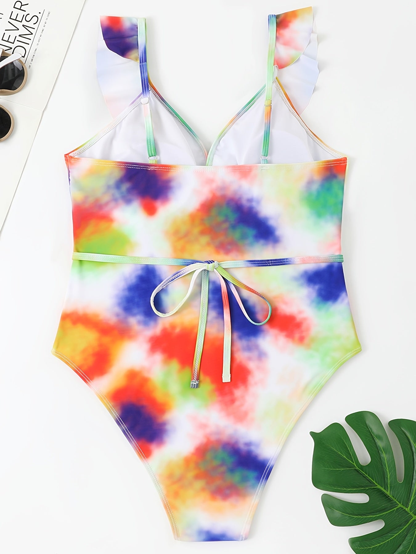  Tie Dye Print One Piece Swimsuit Ruffle Trim High Stretch Bathing Suit