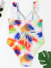  Tie Dye Print One Piece Swimsuit Ruffle Trim High Stretch Bathing Suit
