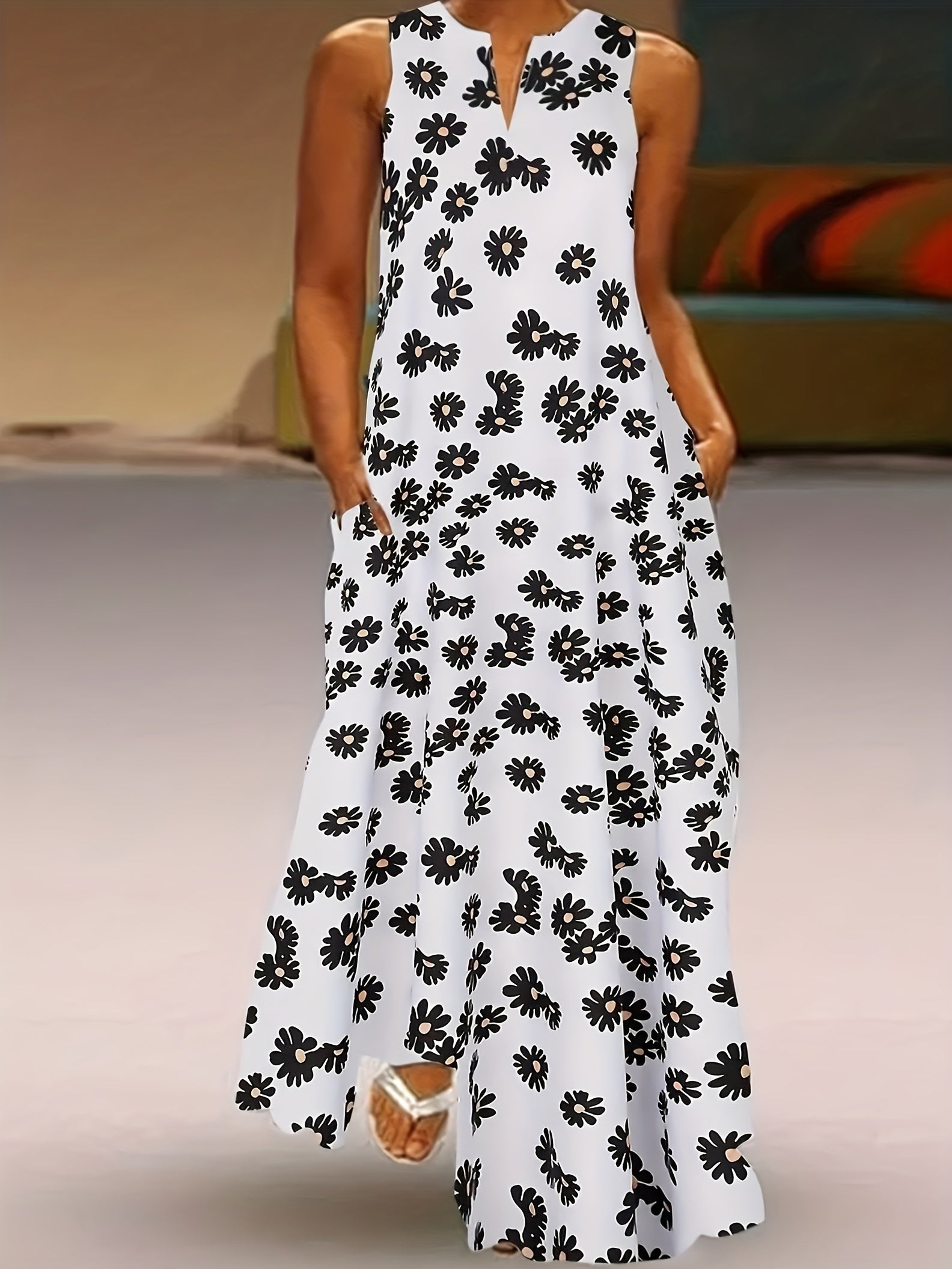 Feather Print Maxi Tank Dress With Pockets