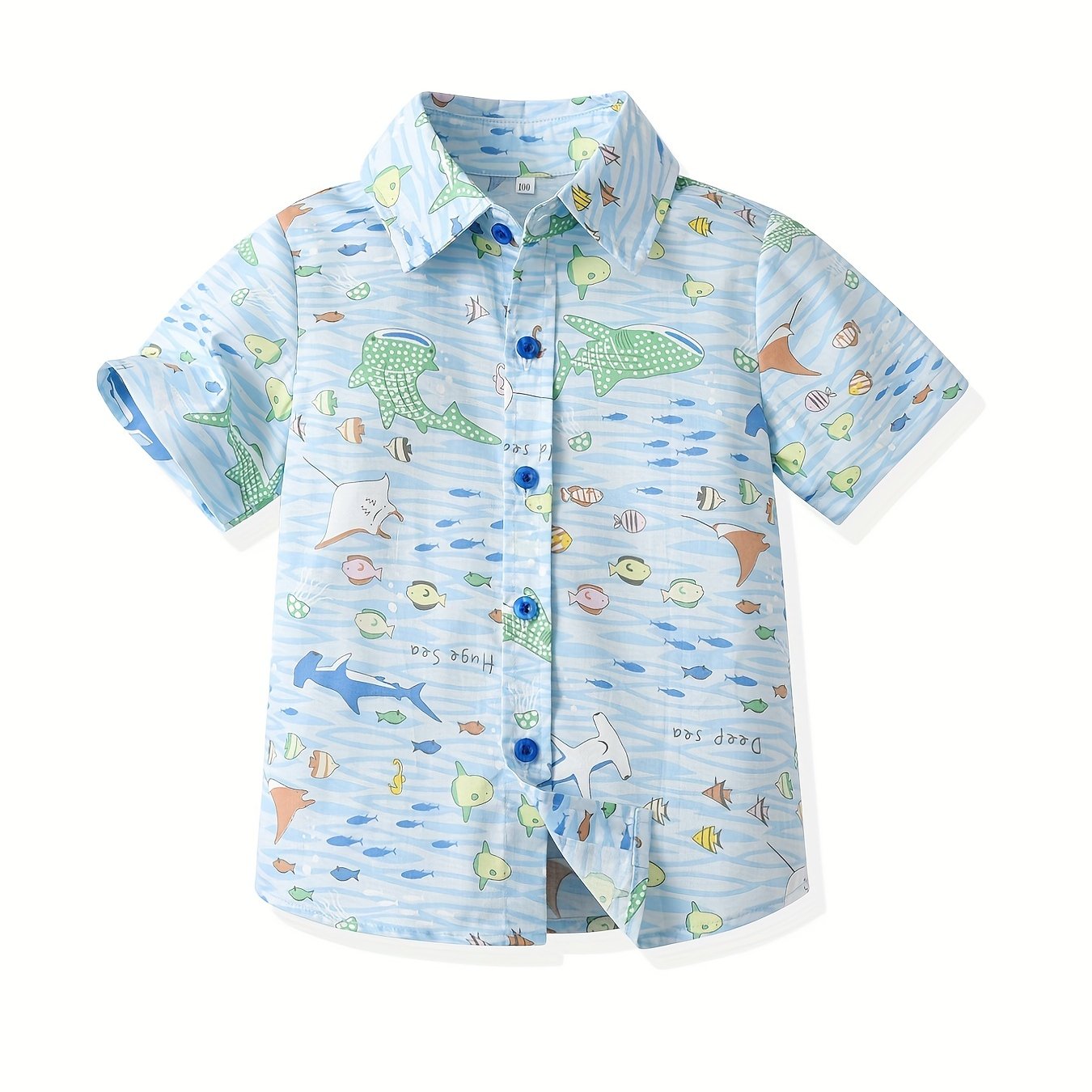 Shark and Fish Print Boys Casual Lapel Shirt