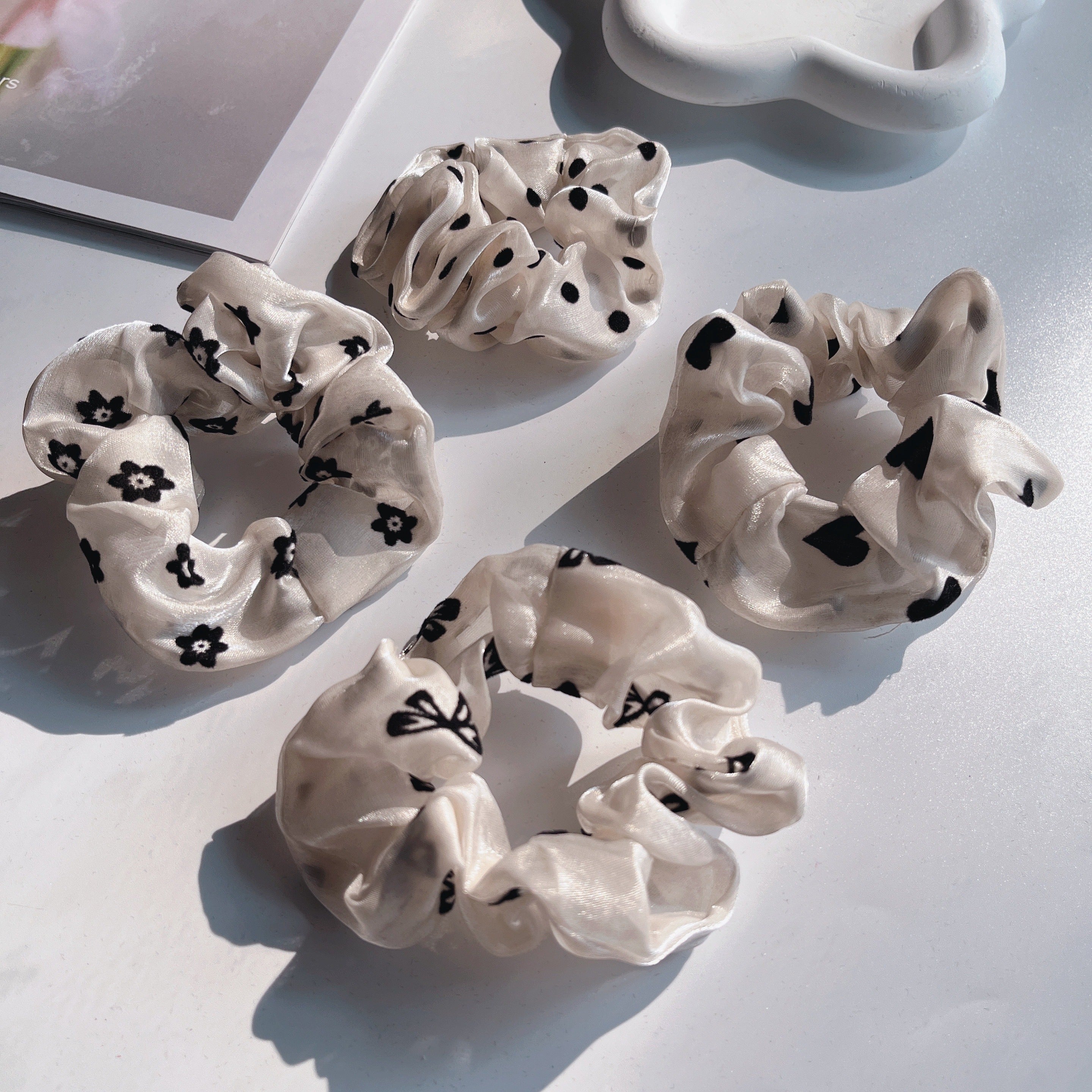 4pcs Polka Dot Scrunchies Hair Tie Organza Hair Rope Flower Print Hair Rope