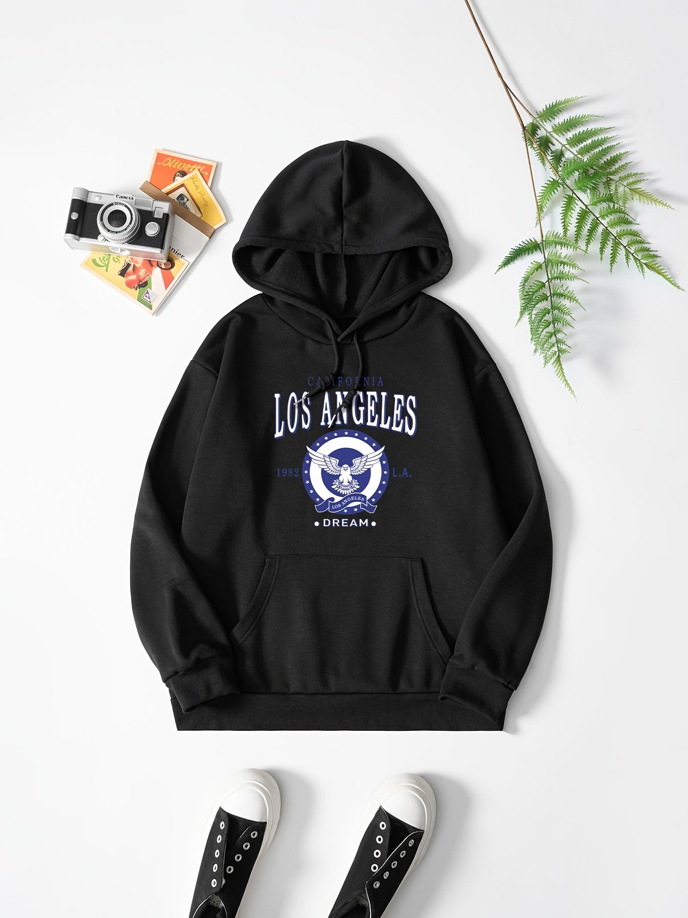 Solid Letter Print Hooded Sweatshirt Women's Clothing