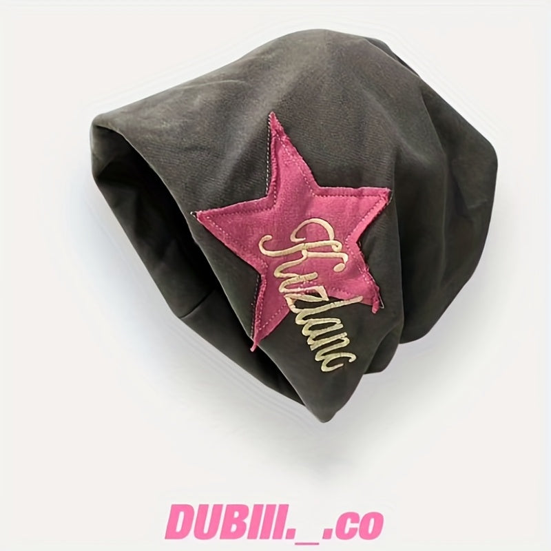 Vintage Star Patch Y2K Beanie Letter Embroidery Solid Skull Cap