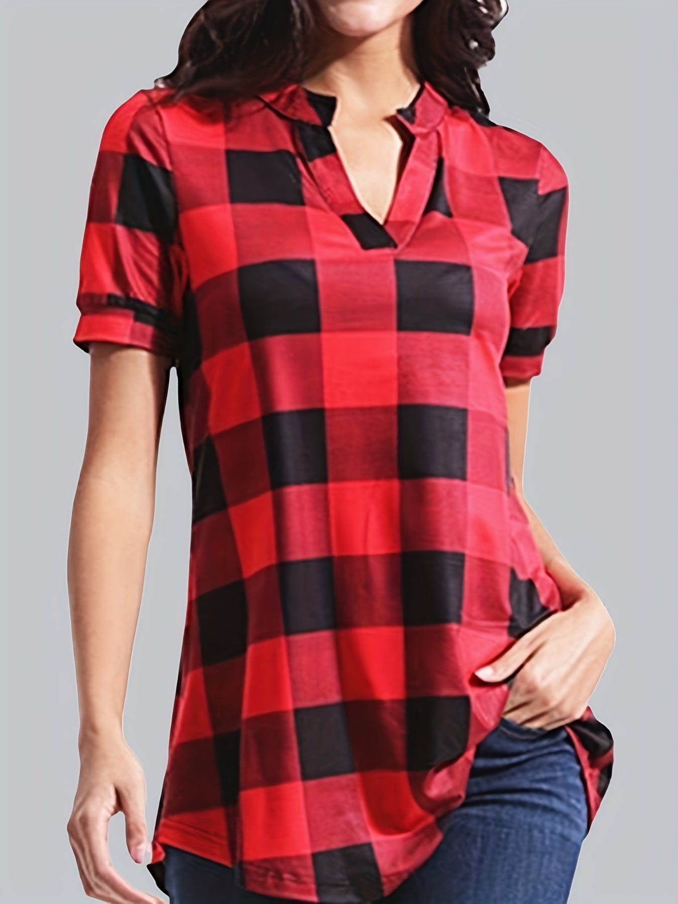  Gingham Print Short Sleeve Blouse Notched Neck Top
