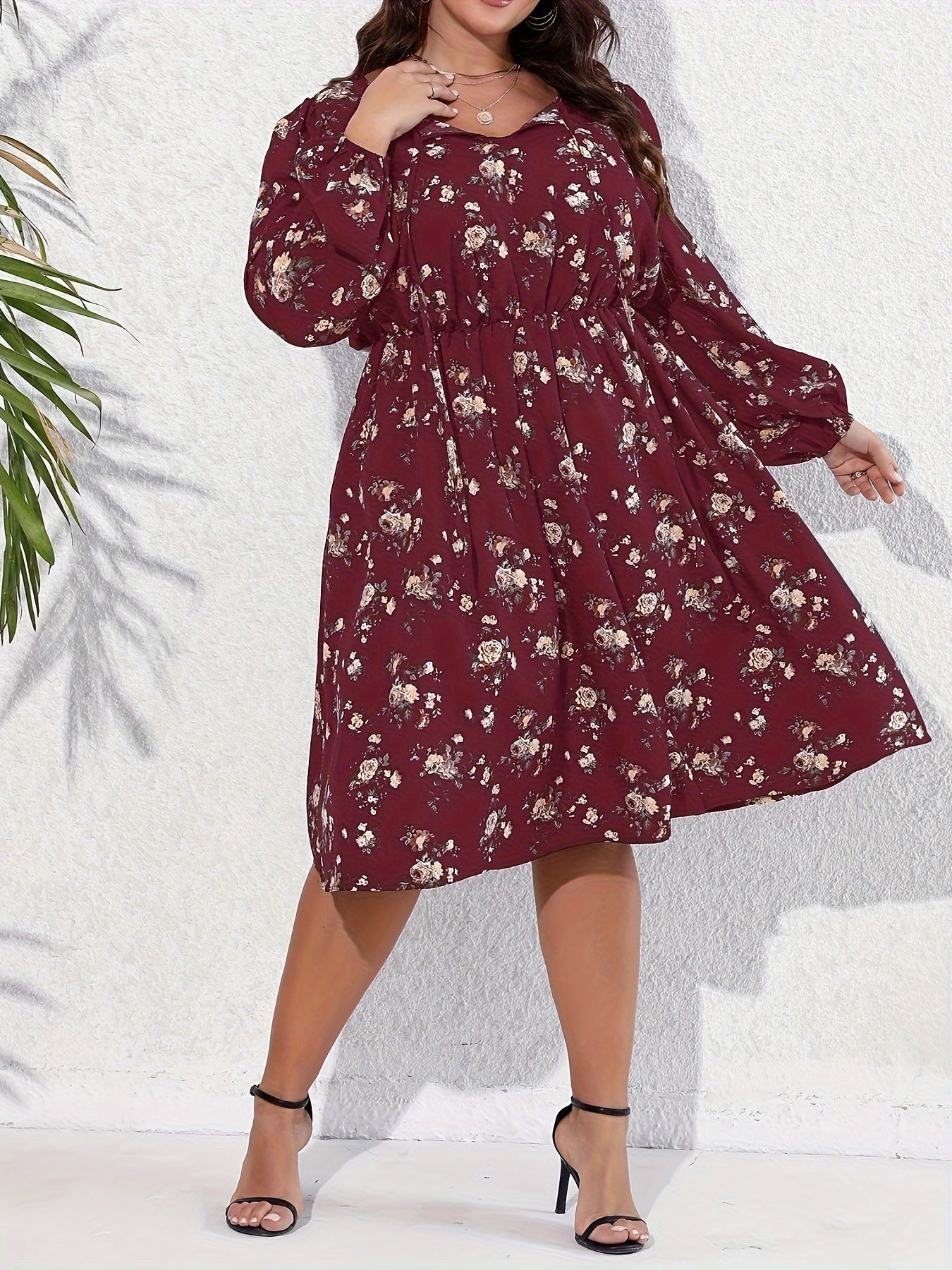 Boho Ditsy Floral Tie Front Lantern Sleeve Dress
