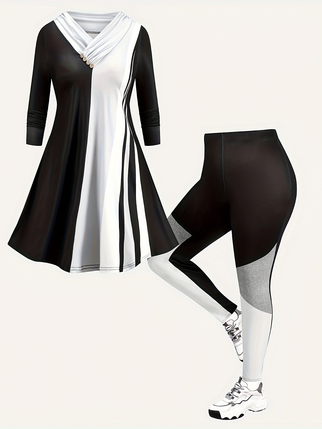 Plus Size Colorblock V Neck Top & Leggings Set