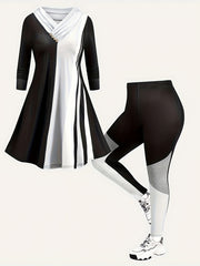 Plus Size Colorblock V Neck Top & Leggings Set