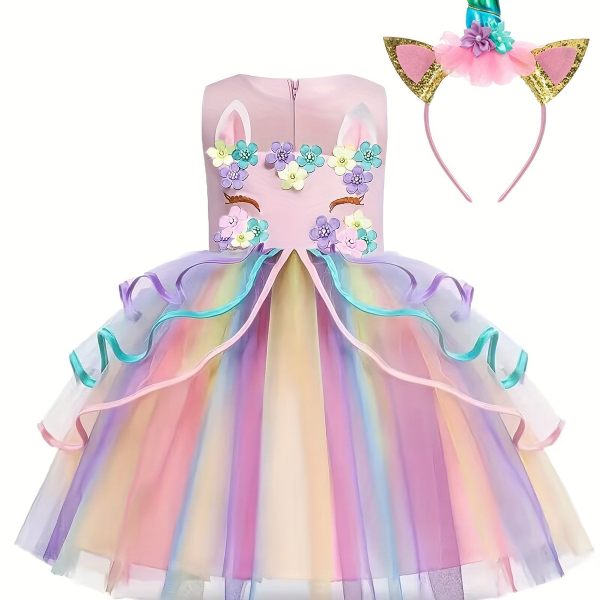 Unicorn Princess Dress Floral Print Mesh Tulle Kids Dress
