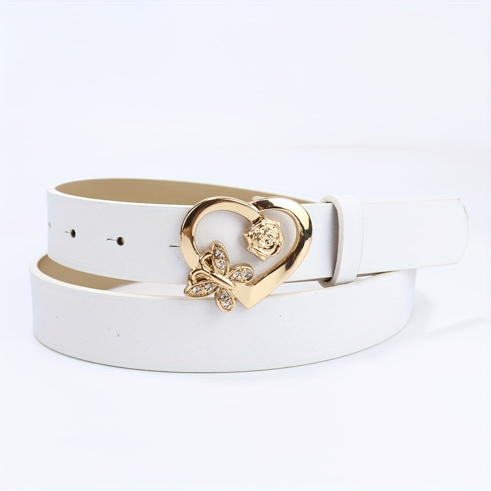 Rose Butterfly Heart Buckle Belt Classic Solid PU Leather Belt For Women