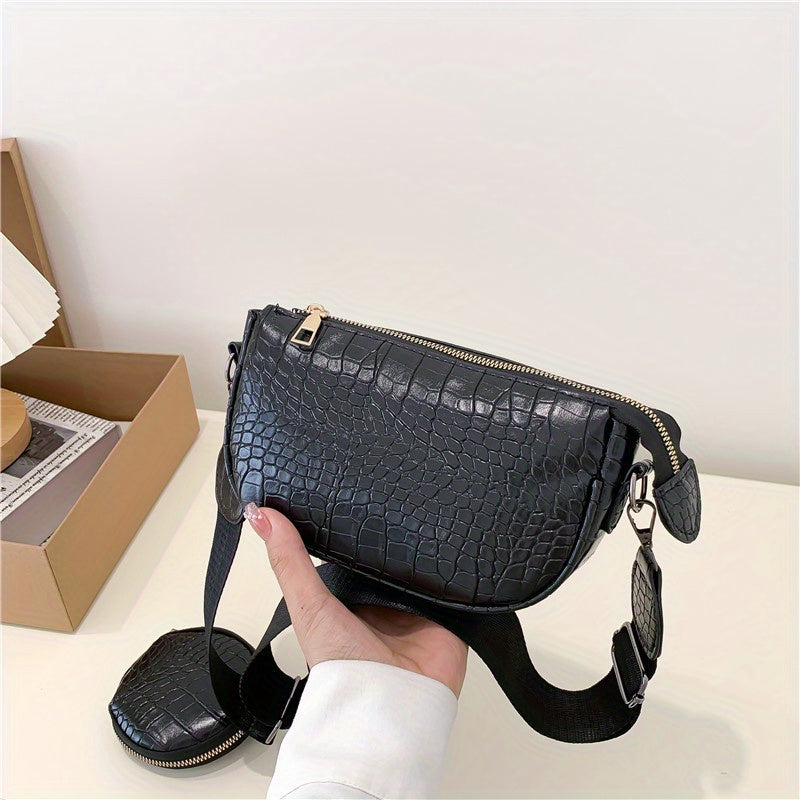 Crocodile Embossed Shoulder Bag with Coin Bag - Stylish Crossbody Bag